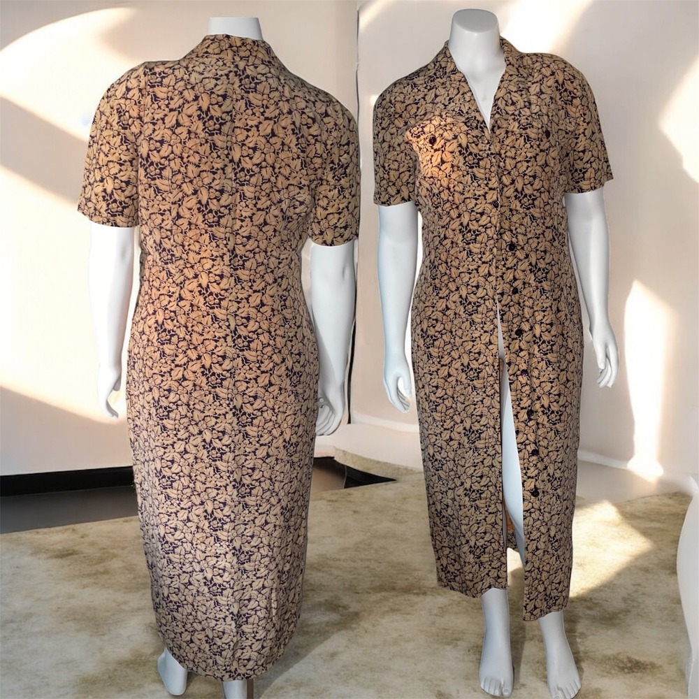 Gillian petites 100% silk 90s button lined Dress Purple Tan holly Leaf Size 6P